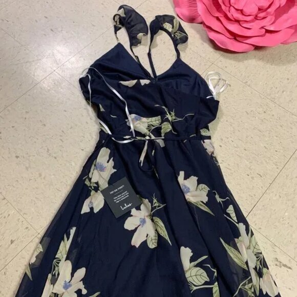 LULUS All Mine Floral Print High-Low Maxi Wrap Dress Navy Blue - Picture 11 of 11